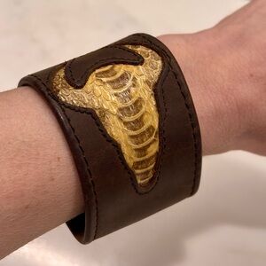 Brown Leather Cuff Bracelet with snakeskin  Design adjustable snap closure